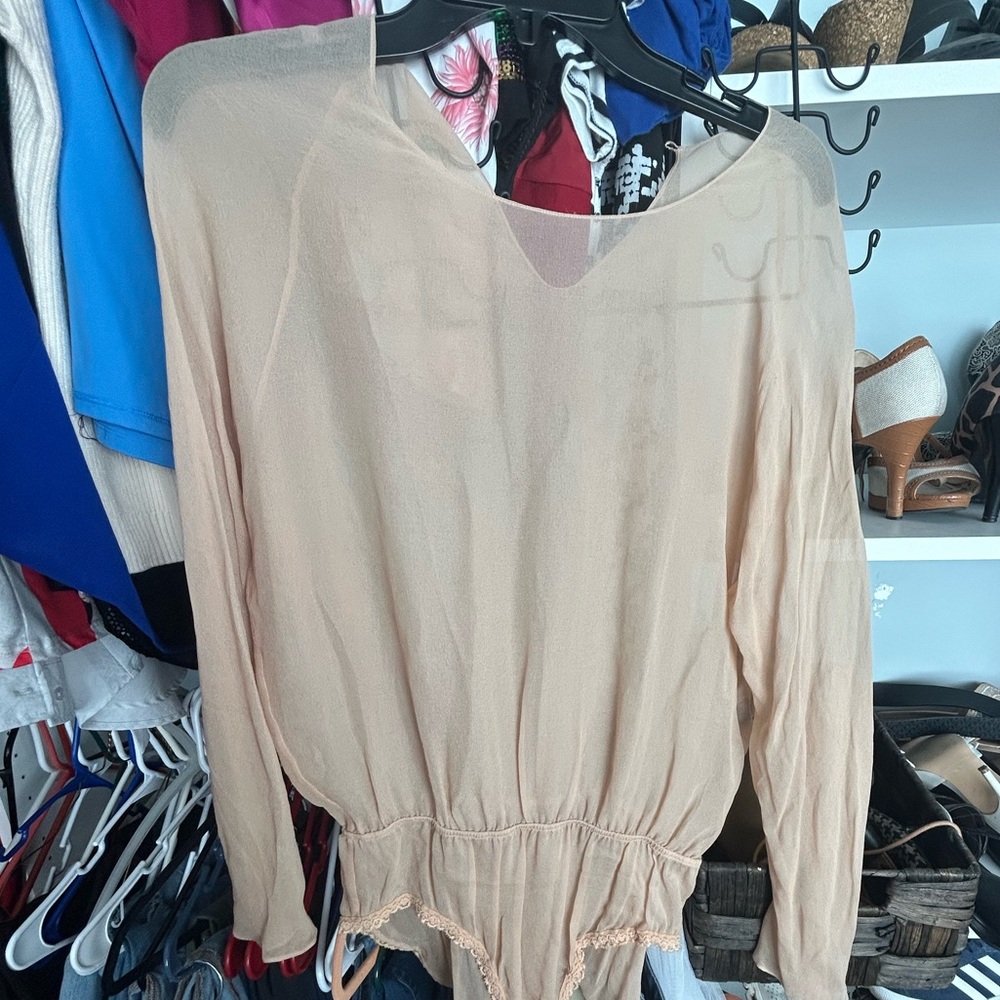 Vintage 100% silk Beige Long Sleeve Bodysuit